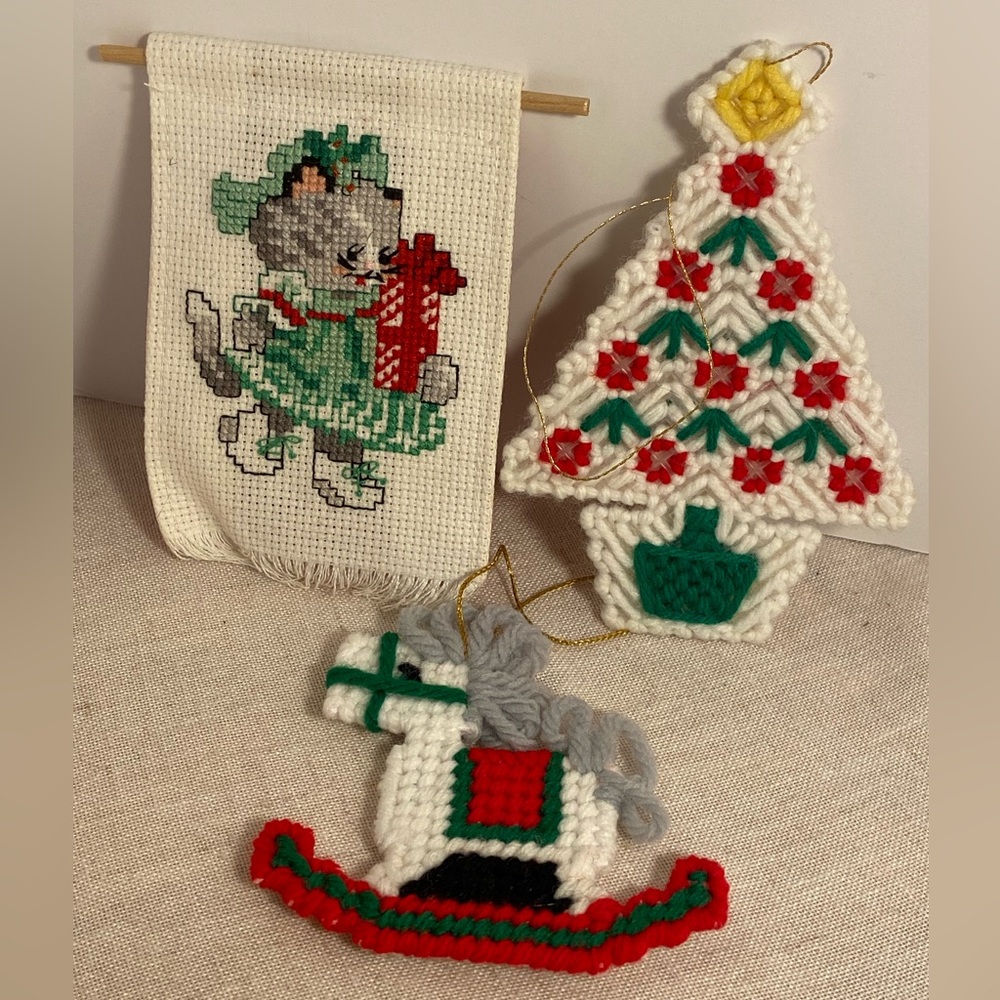 Vintage Festive Cross-Stitch knit Christmas Ornaments cat tree rocking horse 90s